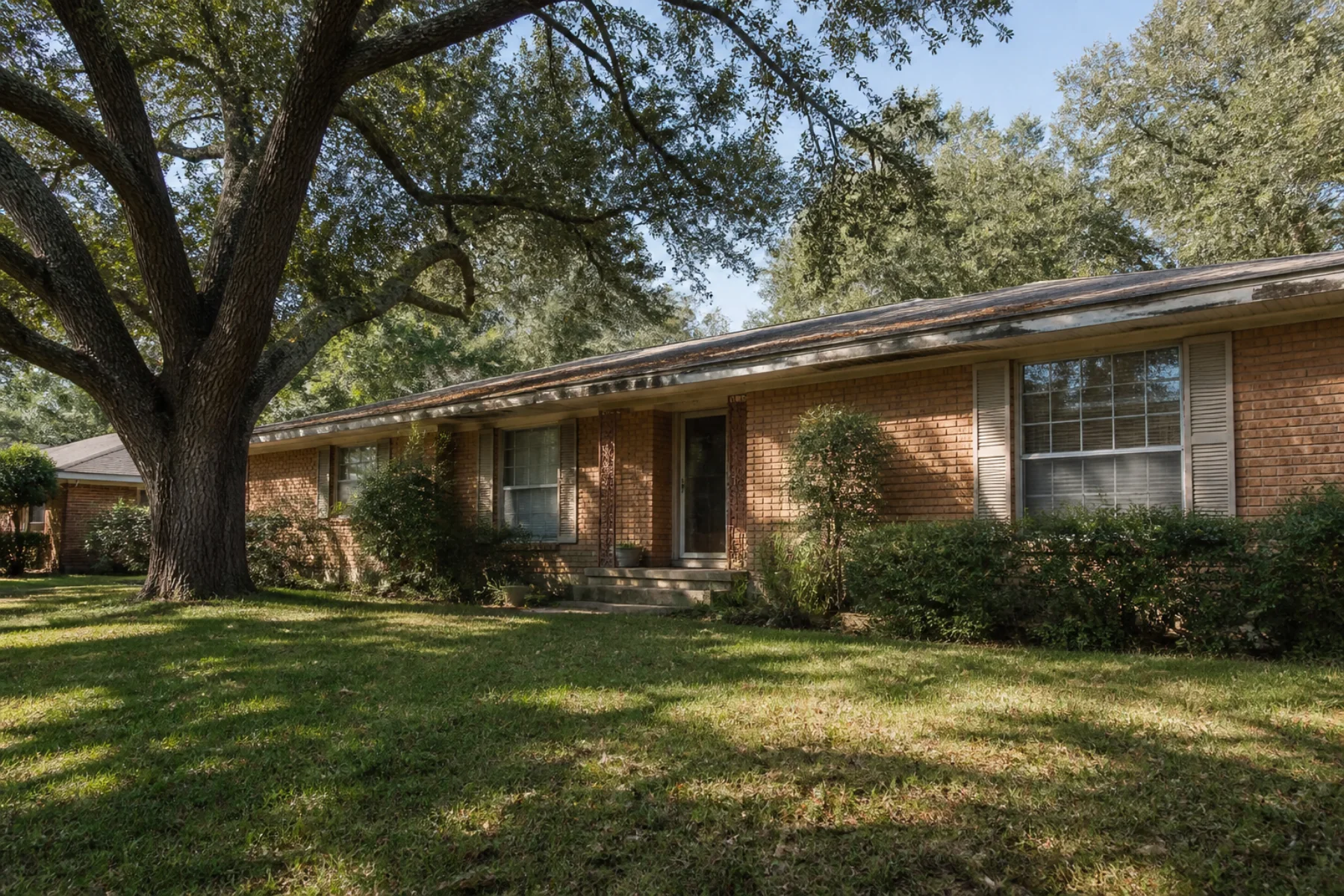 An established brick home beneath a mature oak tree in a North Texas neighborhood